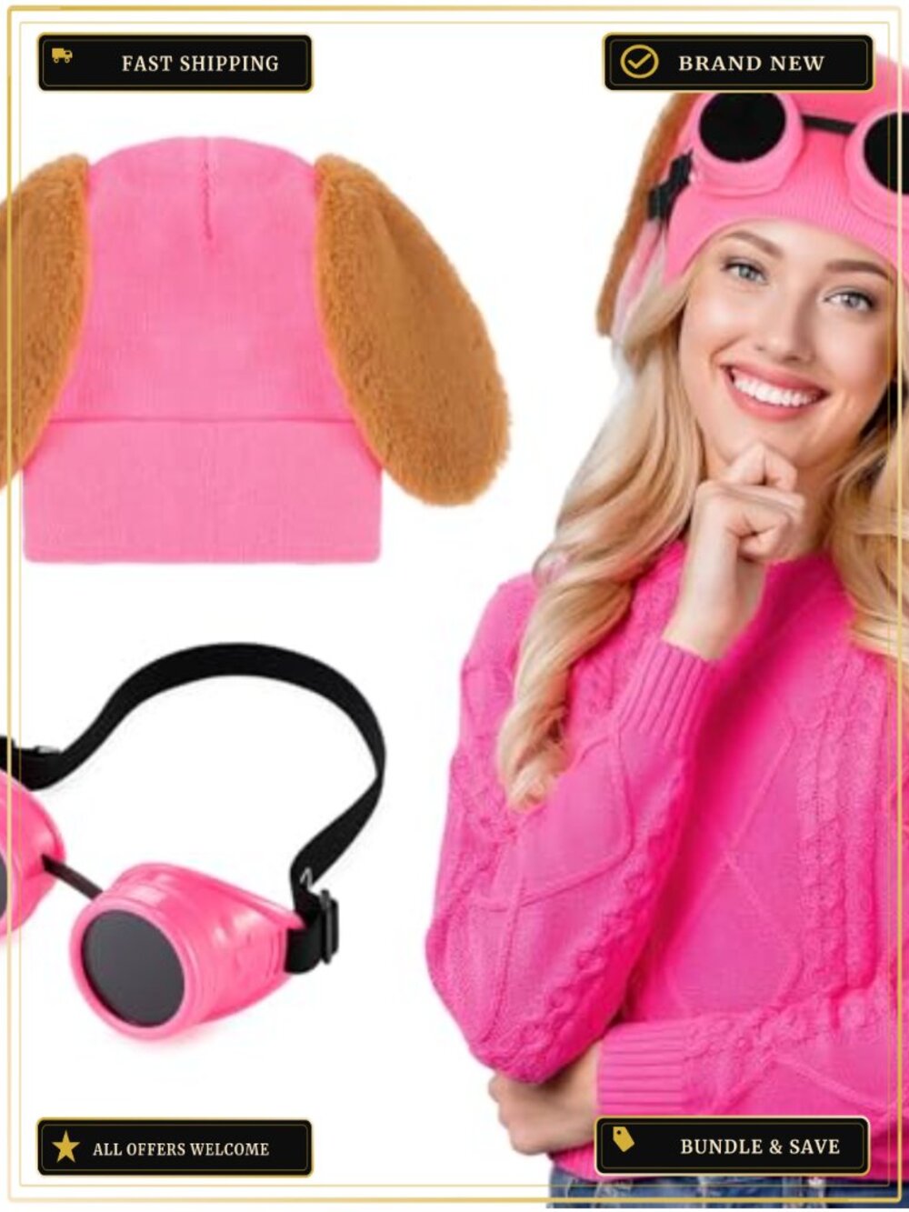 Puppy Dog Ear Beanie Hat & Steampunk Goggles Costume Accessory Set